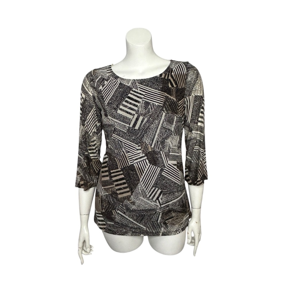 Cable & Gauge Top Women's Large Black Ivory Geometric Scoop Neck 3/4 Sleeve NEW